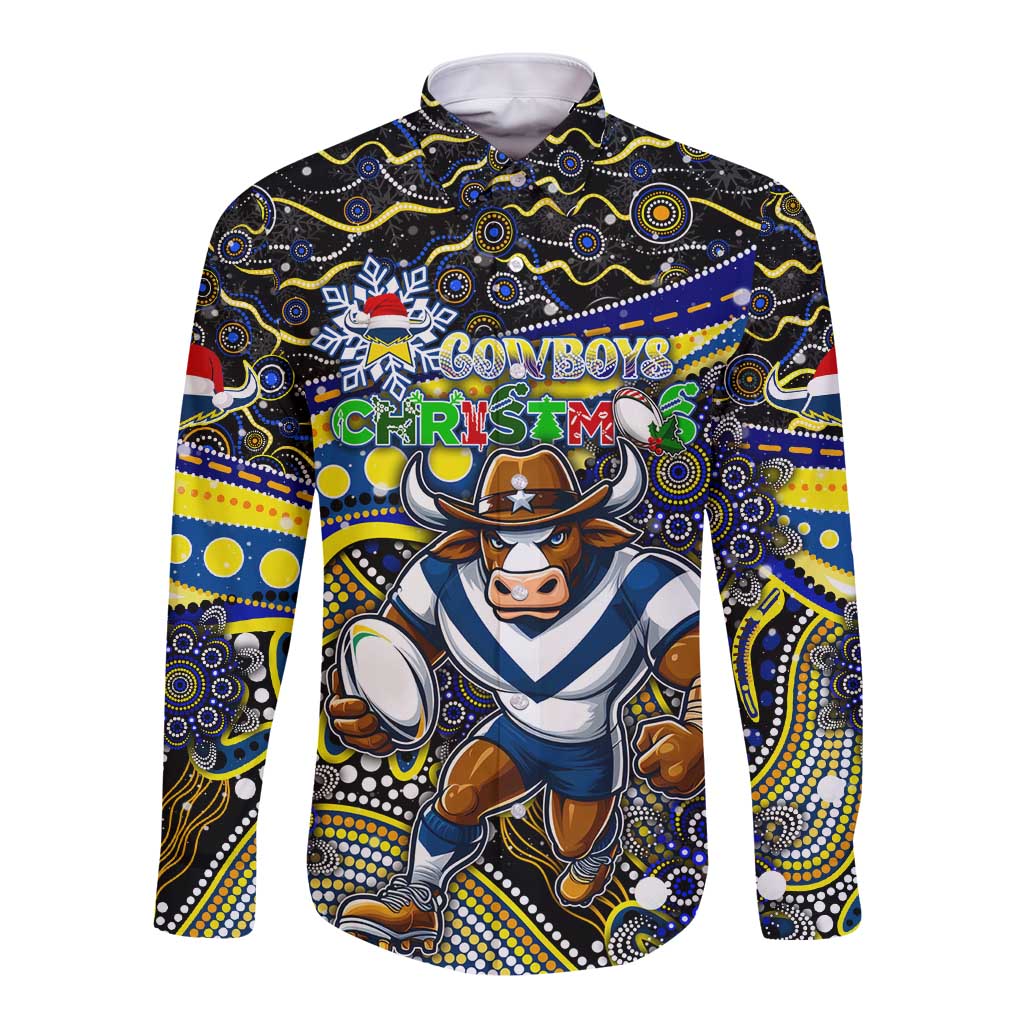 Merry Christmas Cowboys Long Sleeve Button Shirt Aboriginal Santa Rugby Mascot - North Queensland