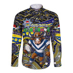 Merry Christmas Cowboys Long Sleeve Button Shirt Aboriginal Santa Rugby Mascot - North Queensland