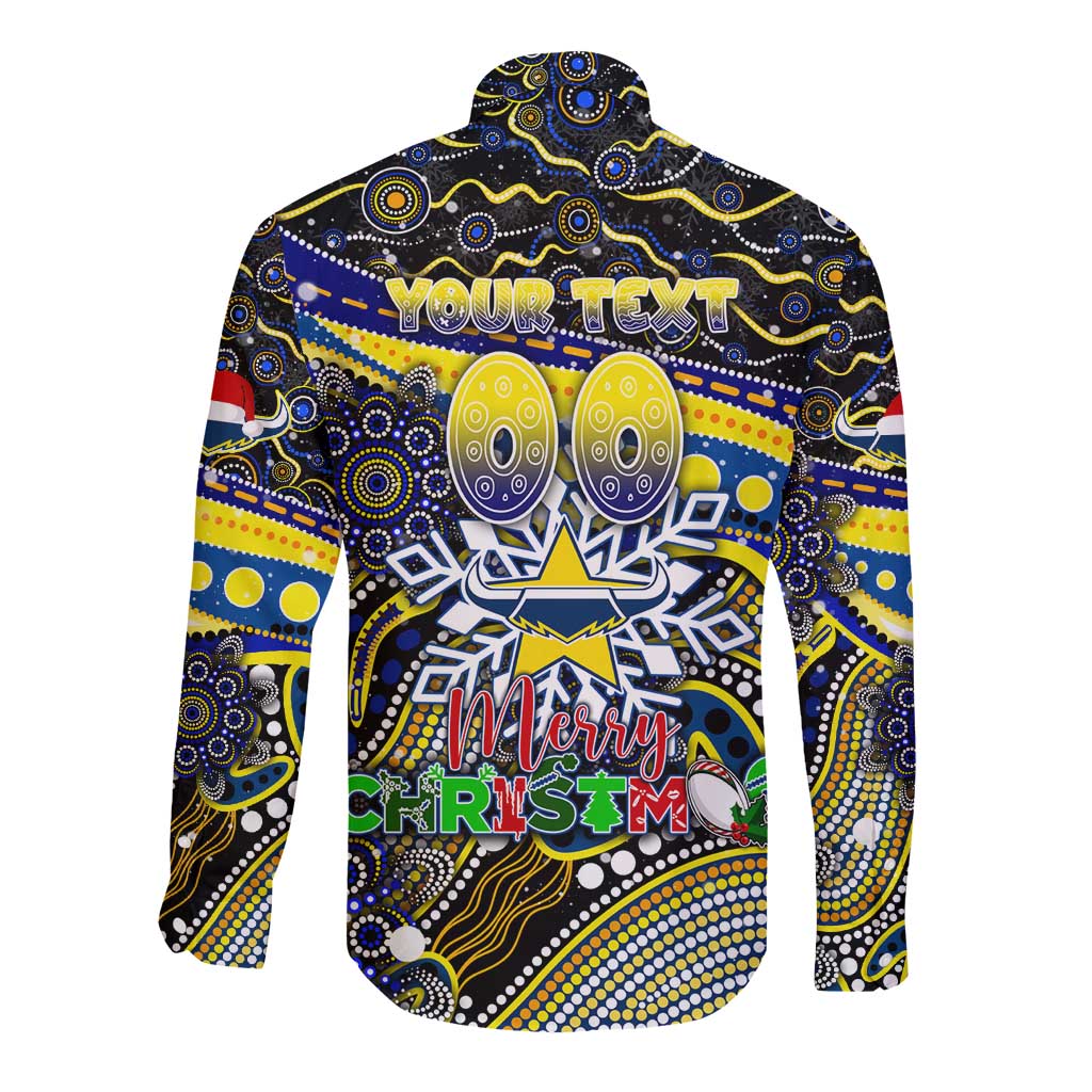 Merry Christmas Cowboys Long Sleeve Button Shirt Aboriginal Santa Rugby Mascot - North Queensland