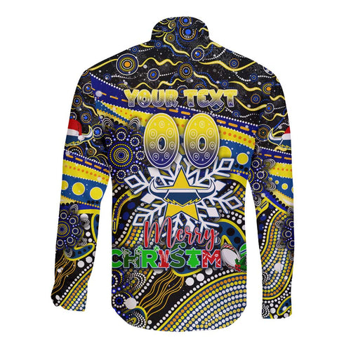 Merry Christmas Cowboys Long Sleeve Button Shirt Aboriginal Santa Rugby Mascot - North Queensland