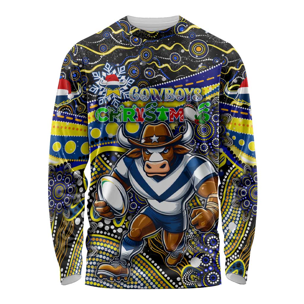 Merry Christmas Cowboys Long Sleeve Shirt Aboriginal Santa Rugby Mascot - North Queensland