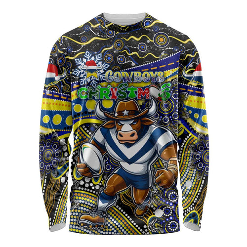 Merry Christmas Cowboys Long Sleeve Shirt Aboriginal Santa Rugby Mascot - North Queensland