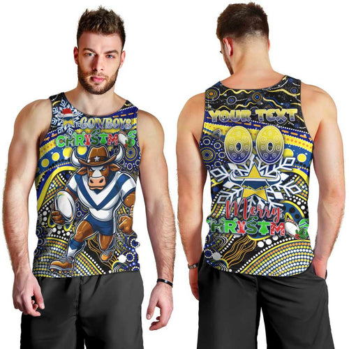 Merry Christmas Cowboys Men Tank Top Aboriginal Santa Rugby Mascot - North Queensland