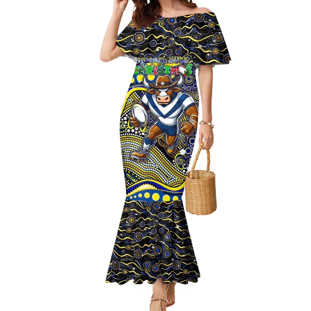 Merry Christmas Cowboys Mermaid Dress Aboriginal Santa Rugby Mascot - North Queensland