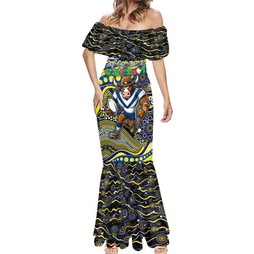 Merry Christmas Cowboys Mermaid Dress Aboriginal Santa Rugby Mascot - North Queensland