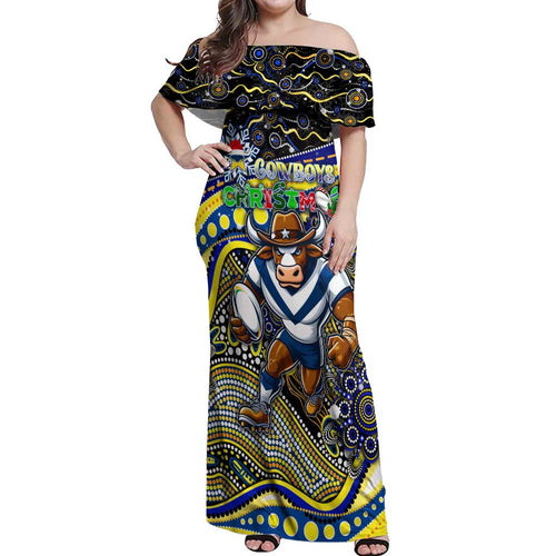 Merry Christmas Cowboys Off Shoulder Maxi Dress Aboriginal Santa Rugby Mascot - North Queensland