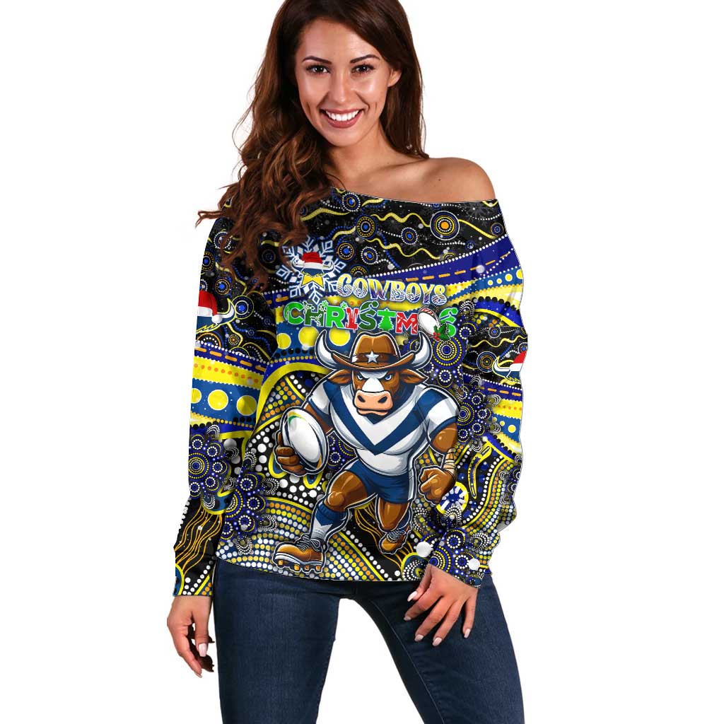 Merry Christmas Cowboys Off Shoulder Sweater Aboriginal Santa Rugby Mascot - North Queensland