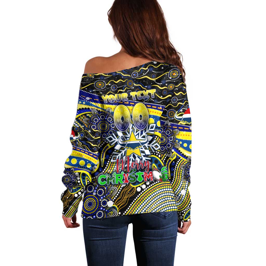 Merry Christmas Cowboys Off Shoulder Sweater Aboriginal Santa Rugby Mascot - North Queensland