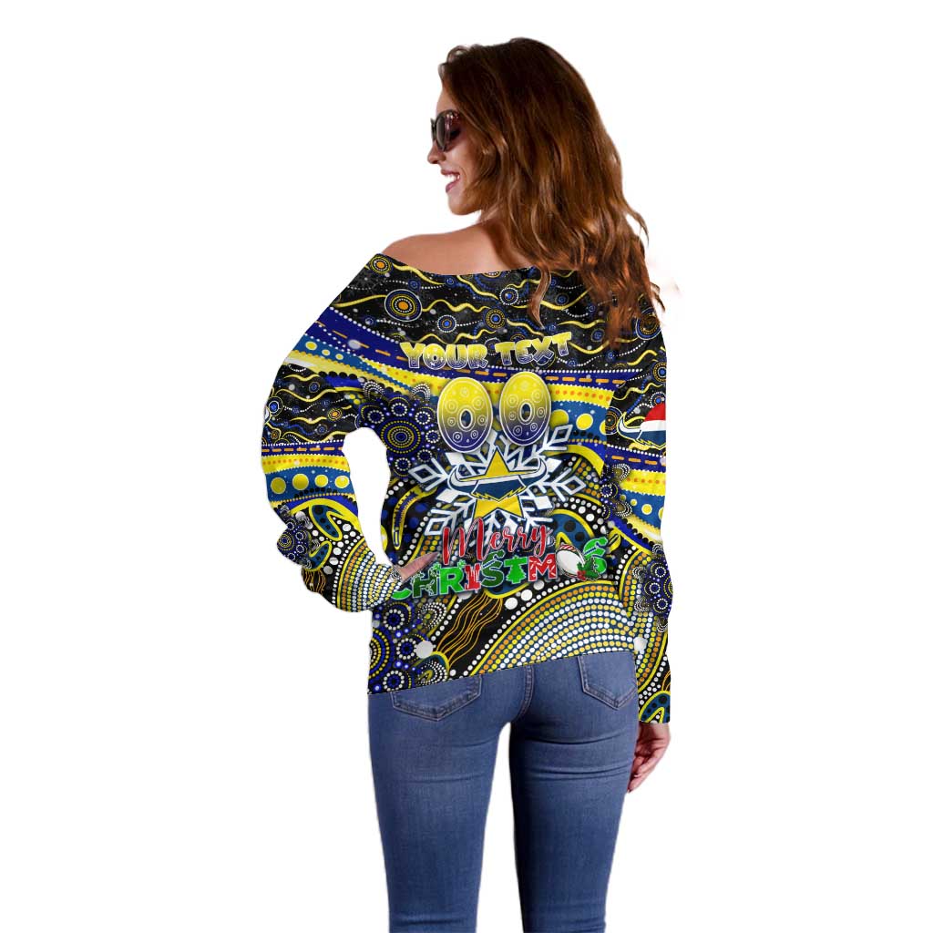 Merry Christmas Cowboys Off Shoulder Sweater Aboriginal Santa Rugby Mascot - North Queensland