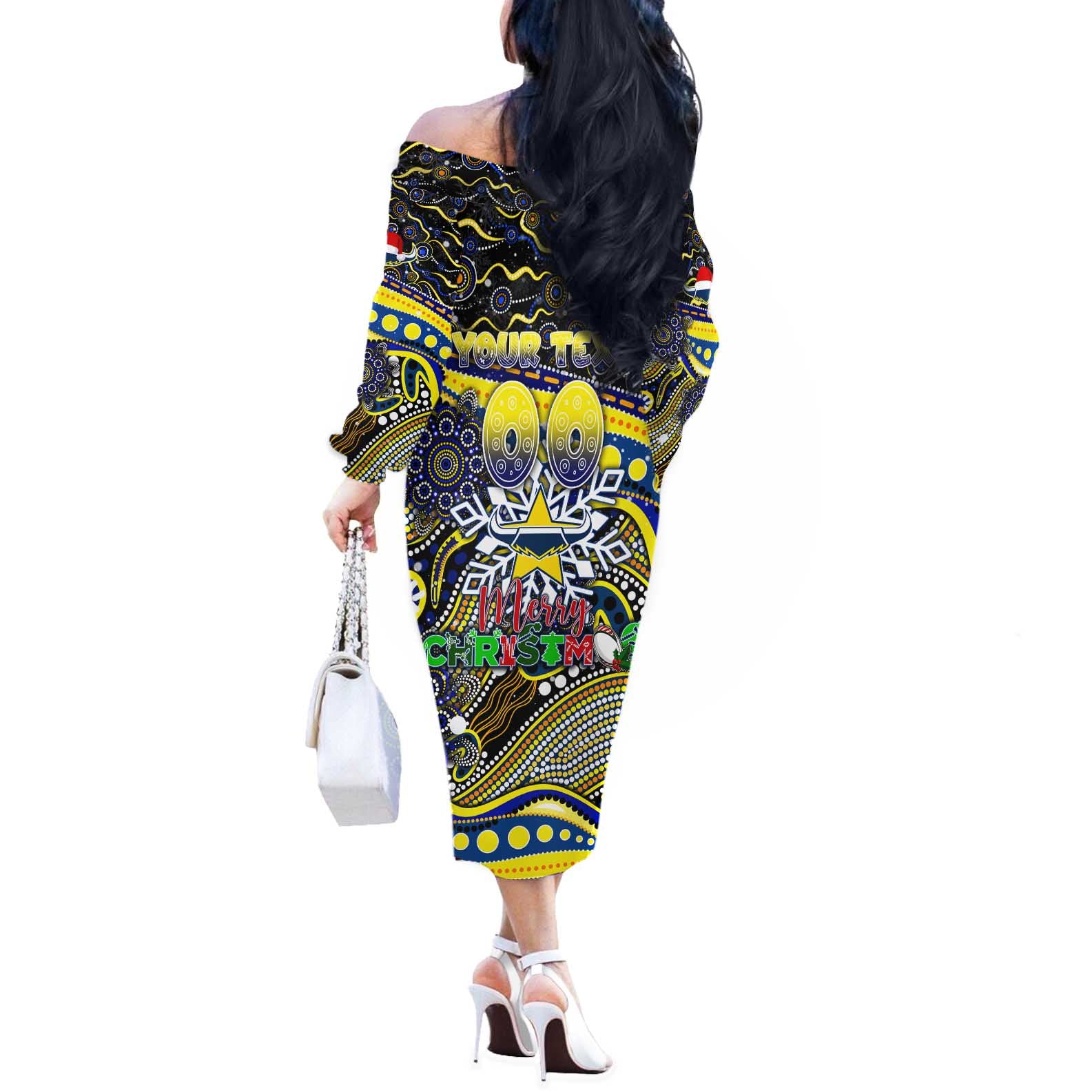 Merry Christmas Cowboys Off The Shoulder Long Sleeve Dress Aboriginal Santa Rugby Mascot - North Queensland