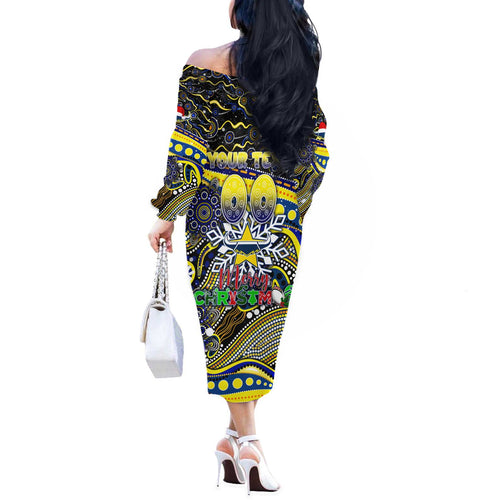 Merry Christmas Cowboys Off The Shoulder Long Sleeve Dress Aboriginal Santa Rugby Mascot - North Queensland