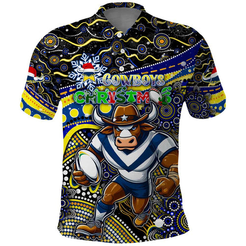 Merry Christmas Cowboys Polo Shirt Aboriginal Santa Rugby Mascot - North Queensland