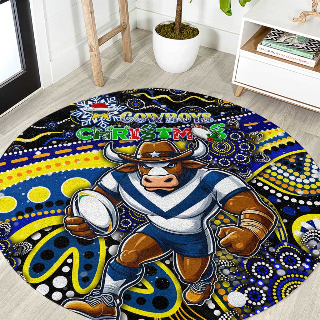 Merry Christmas Cowboys Round Carpet Aboriginal Santa Rugby Mascot - North Queensland