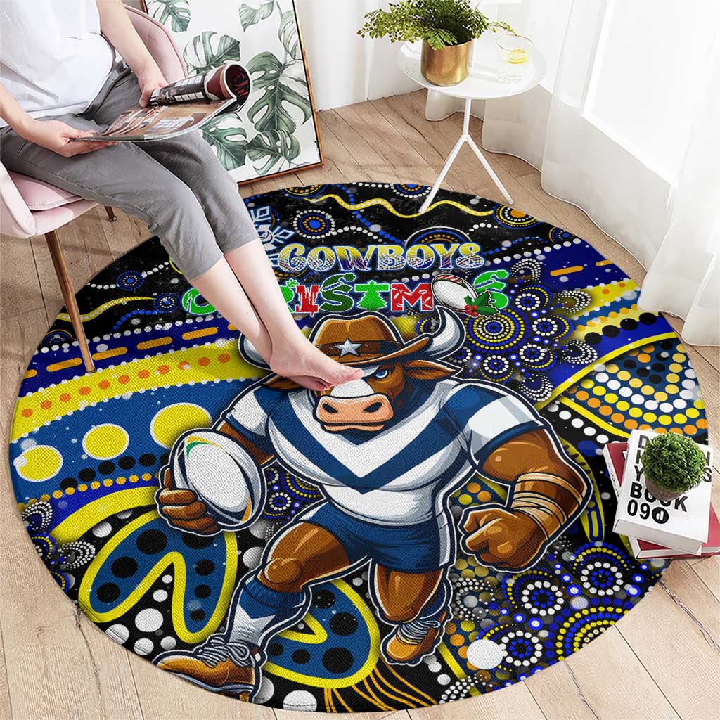 Merry Christmas Cowboys Round Carpet Aboriginal Santa Rugby Mascot - North Queensland