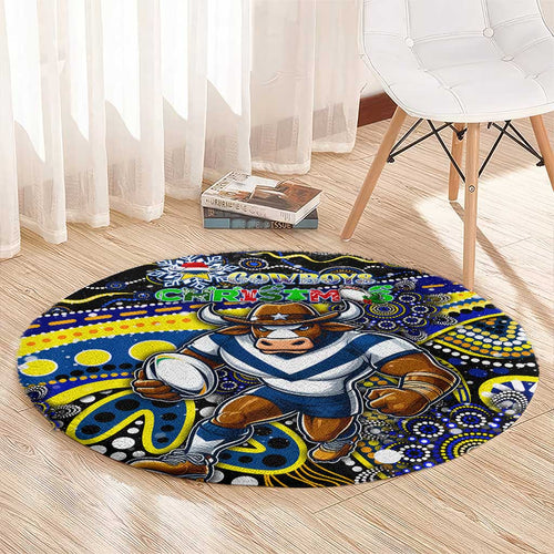 Merry Christmas Cowboys Round Carpet Aboriginal Santa Rugby Mascot - North Queensland