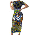 Merry Christmas Cowboys Short Sleeve Bodycon Dress Aboriginal Santa Rugby Mascot - North Queensland