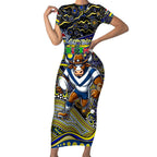 Merry Christmas Cowboys Short Sleeve Bodycon Dress Aboriginal Santa Rugby Mascot - North Queensland