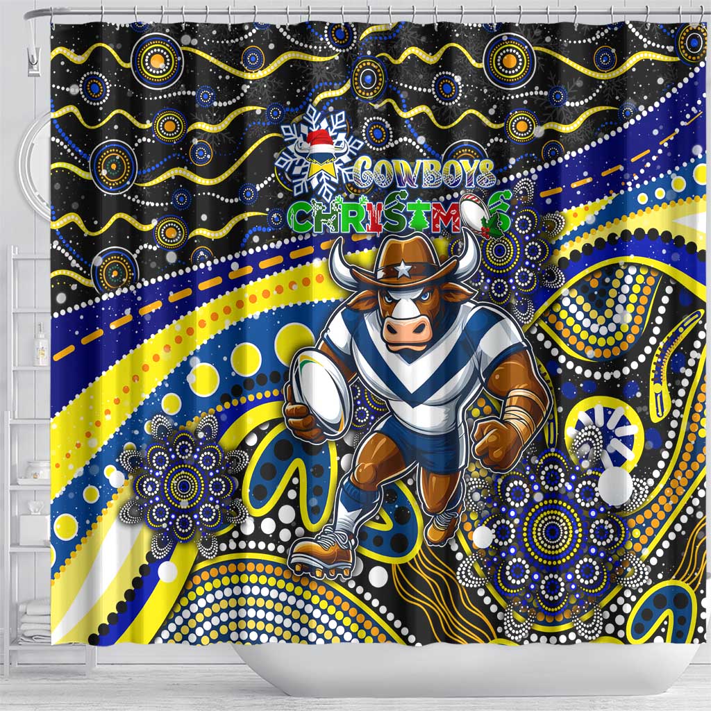 Merry Christmas Cowboys Shower Curtain Aboriginal Santa Rugby Mascot - North Queensland