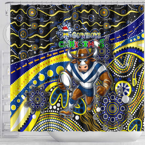 Merry Christmas Cowboys Shower Curtain Aboriginal Santa Rugby Mascot - North Queensland