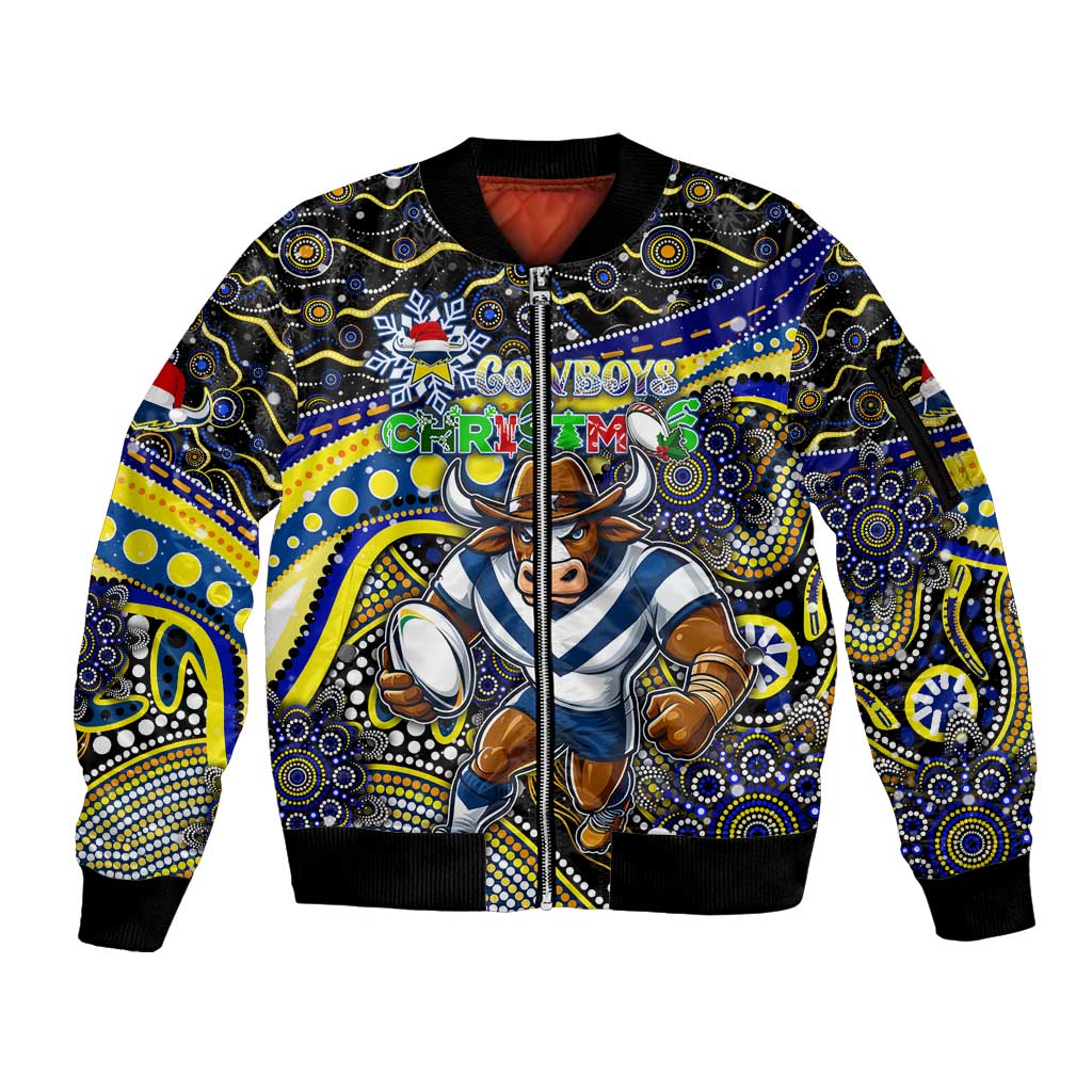 Merry Christmas Cowboys Sleeve Zip Bomber Jacket Aboriginal Santa Rugby Mascot - North Queensland