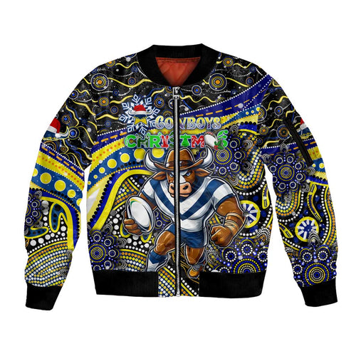 Merry Christmas Cowboys Sleeve Zip Bomber Jacket Aboriginal Santa Rugby Mascot - North Queensland