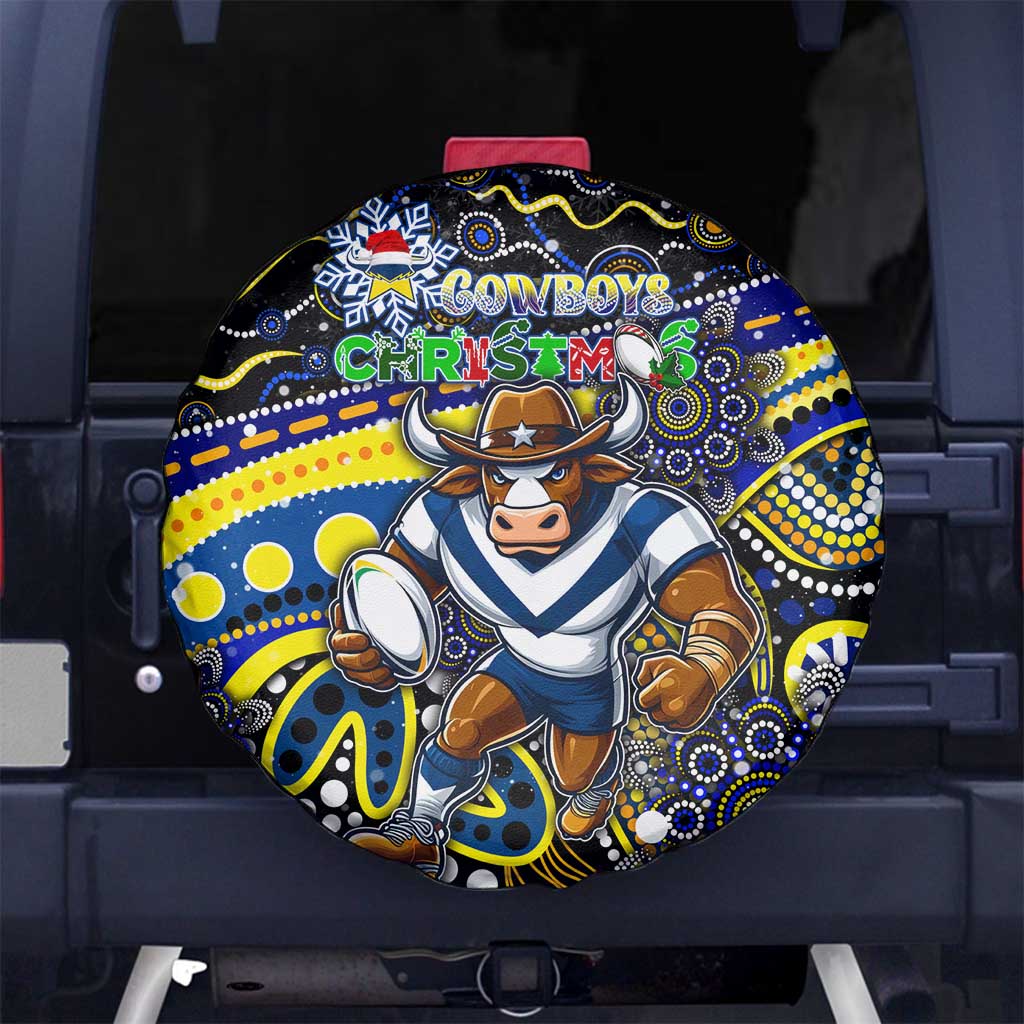 Merry Christmas Cowboys Spare Tire Cover Aboriginal Santa Rugby Mascot - North Queensland