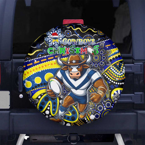 Merry Christmas Cowboys Spare Tire Cover Aboriginal Santa Rugby Mascot - North Queensland