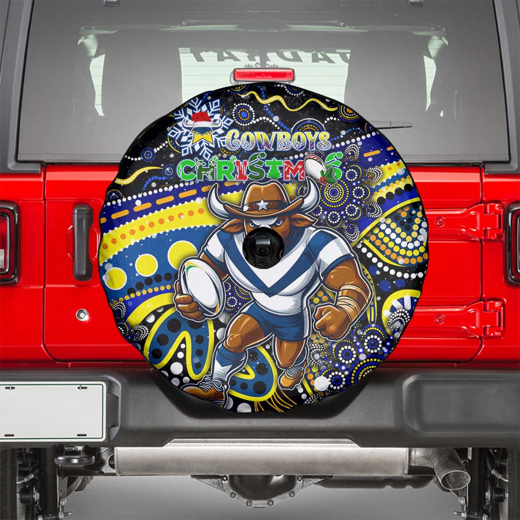 Merry Christmas Cowboys Spare Tire Cover Aboriginal Santa Rugby Mascot - North Queensland