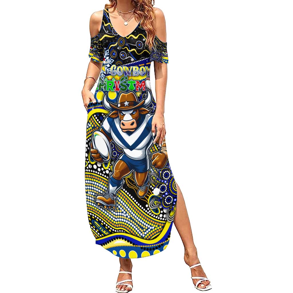 Merry Christmas Cowboys Summer Maxi Dress Aboriginal Santa Rugby Mascot - North Queensland