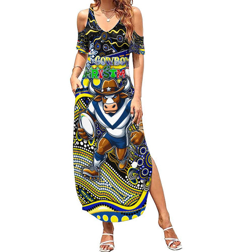 Merry Christmas Cowboys Summer Maxi Dress Aboriginal Santa Rugby Mascot - North Queensland
