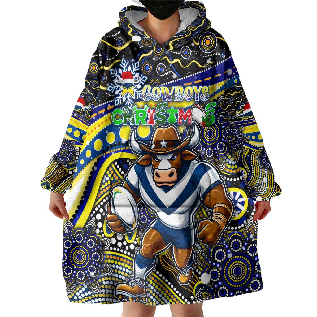 Merry Christmas Cowboys Wearable Blanket Hoodie Aboriginal Santa Rugby Mascot - North Queensland