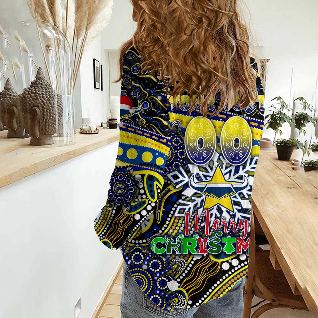 Merry Christmas Cowboys Women Casual Shirt Aboriginal Santa Rugby Mascot - North Queensland