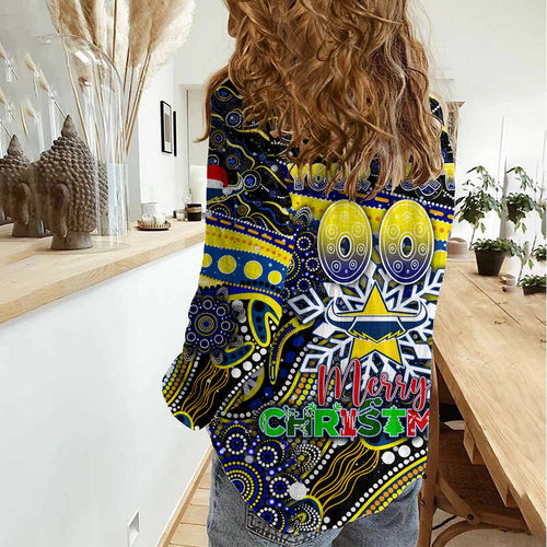 Merry Christmas Cowboys Women Casual Shirt Aboriginal Santa Rugby Mascot - North Queensland