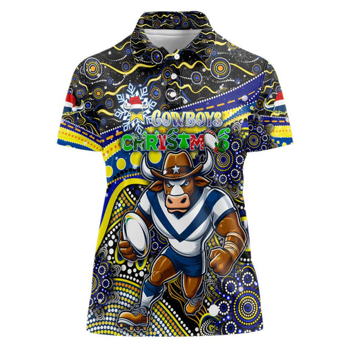 Merry Christmas Cowboys Women Polo Shirt Aboriginal Santa Rugby Mascot - North Queensland