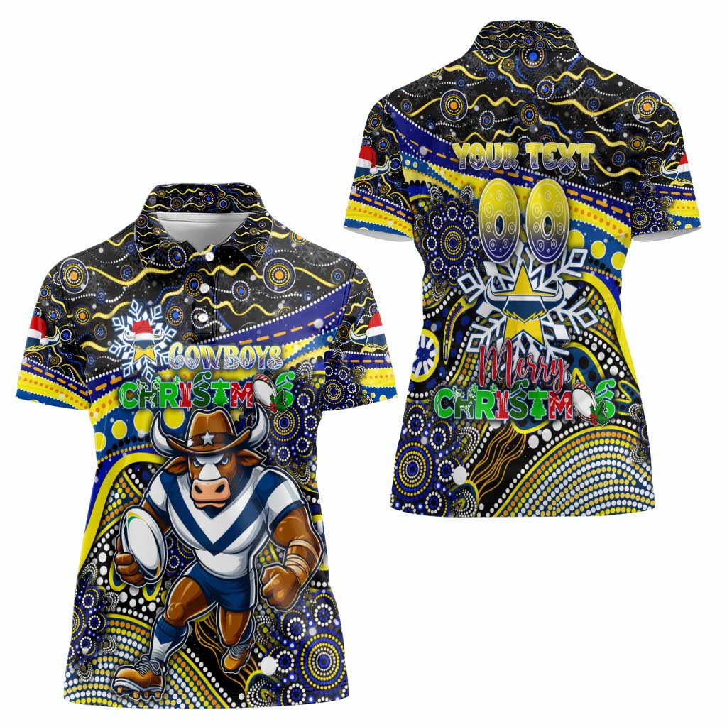 Merry Christmas Cowboys Women Polo Shirt Aboriginal Santa Rugby Mascot - North Queensland