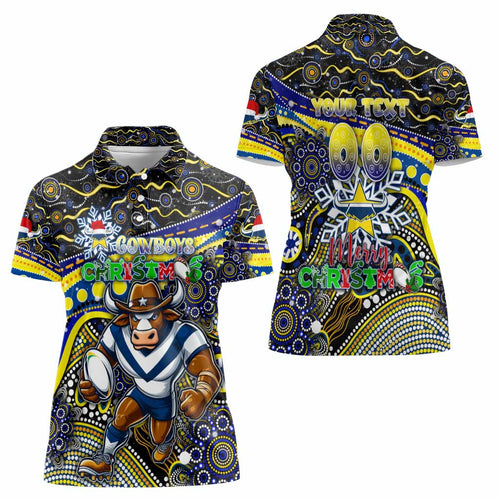 Merry Christmas Cowboys Women Polo Shirt Aboriginal Santa Rugby Mascot - North Queensland
