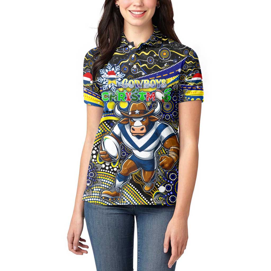 Merry Christmas Cowboys Women Polo Shirt Aboriginal Santa Rugby Mascot - North Queensland