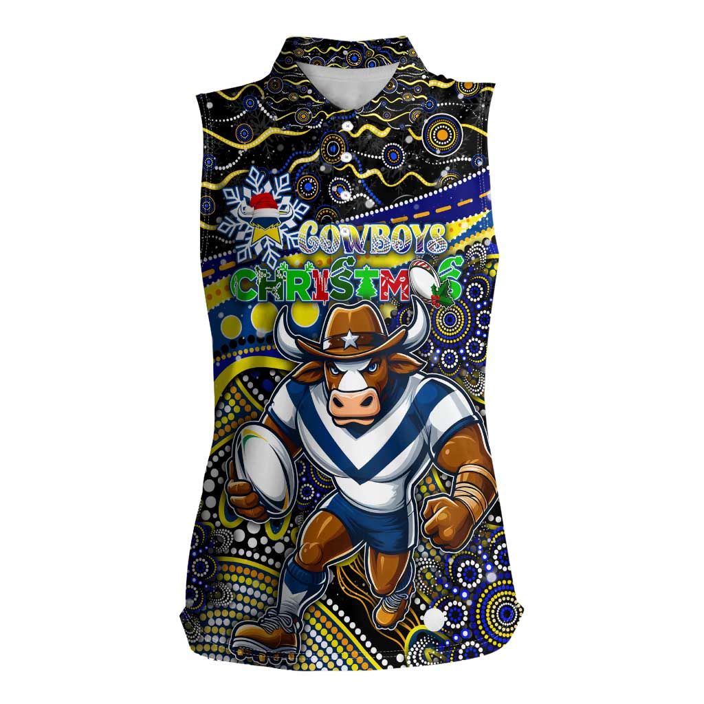 Merry Christmas Cowboys Women Sleeveless Polo Shirt Aboriginal Santa Rugby Mascot - North Queensland