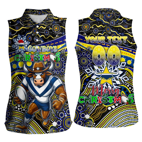 Merry Christmas Cowboys Women Sleeveless Polo Shirt Aboriginal Santa Rugby Mascot - North Queensland