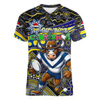 Merry Christmas Cowboys Women V-Neck T-Shirt Aboriginal Santa Rugby Mascot - North Queensland