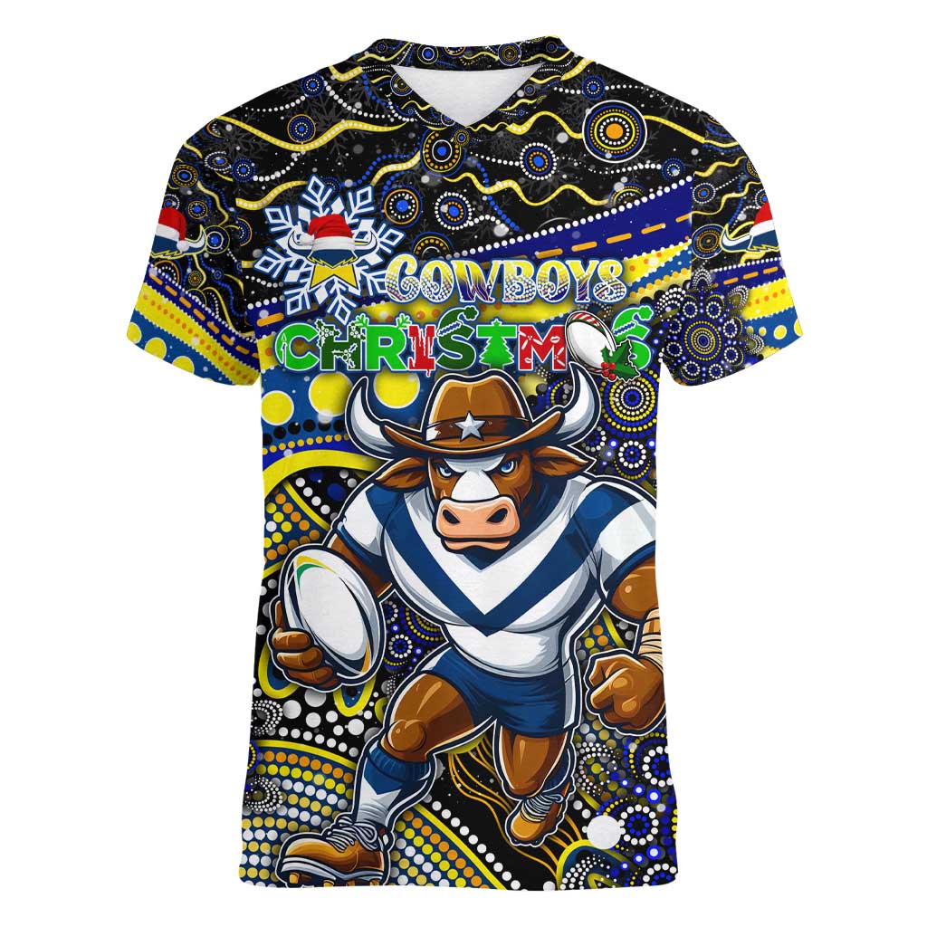Merry Christmas Cowboys Women V-Neck T-Shirt Aboriginal Santa Rugby Mascot - North Queensland