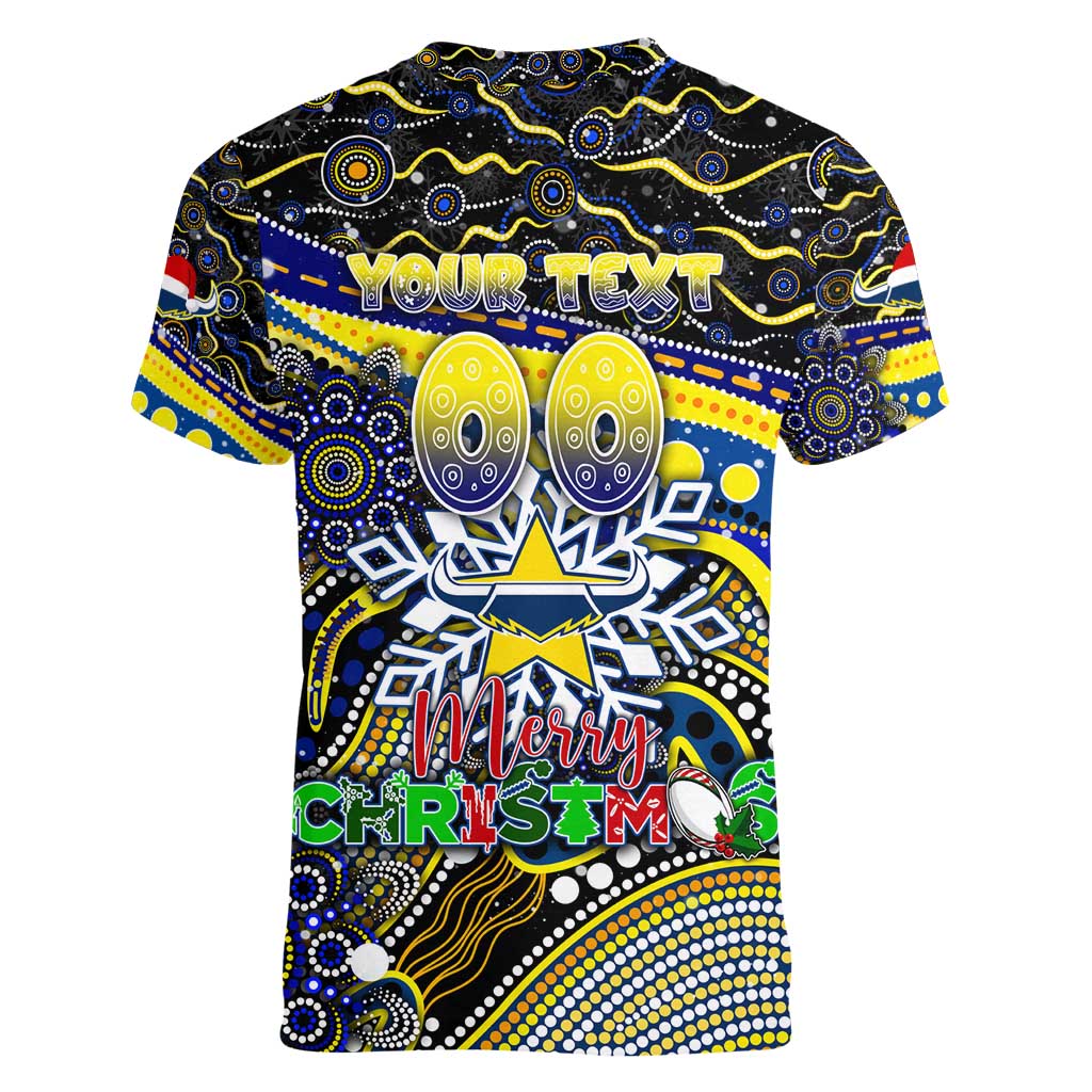 Merry Christmas Cowboys Women V-Neck T-Shirt Aboriginal Santa Rugby Mascot - North Queensland