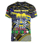 Merry Christmas Cowboys Women V-Neck T-Shirt Aboriginal Santa Rugby Mascot - North Queensland