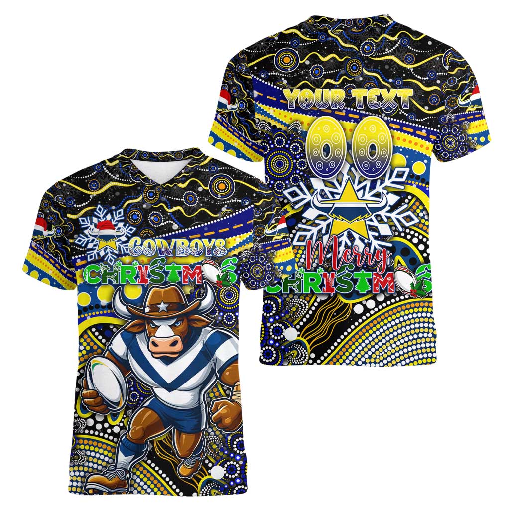 Merry Christmas Cowboys Women V-Neck T-Shirt Aboriginal Santa Rugby Mascot - North Queensland