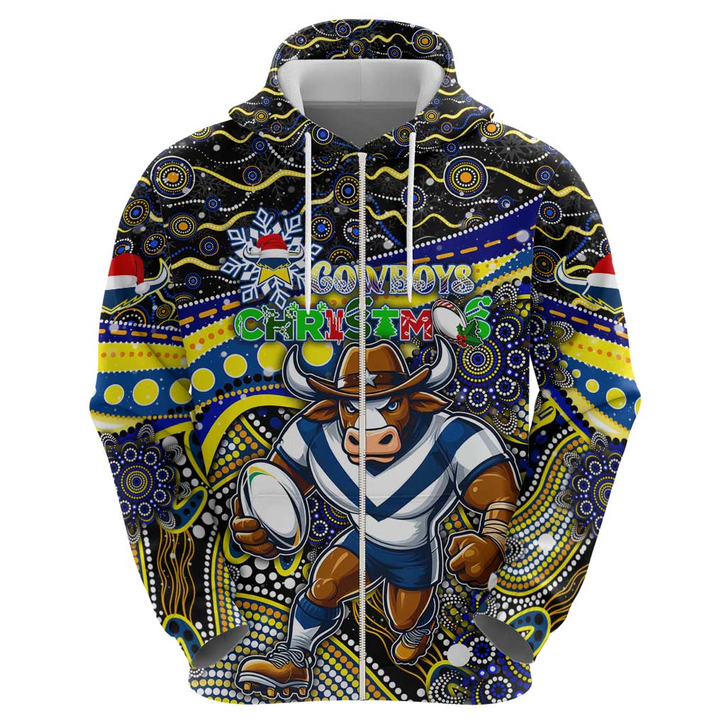 Merry Christmas Cowboys Zip Hoodie Aboriginal Santa Rugby Mascot - North Queensland