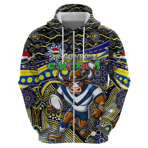 Merry Christmas Cowboys Zip Hoodie Aboriginal Santa Rugby Mascot - North Queensland