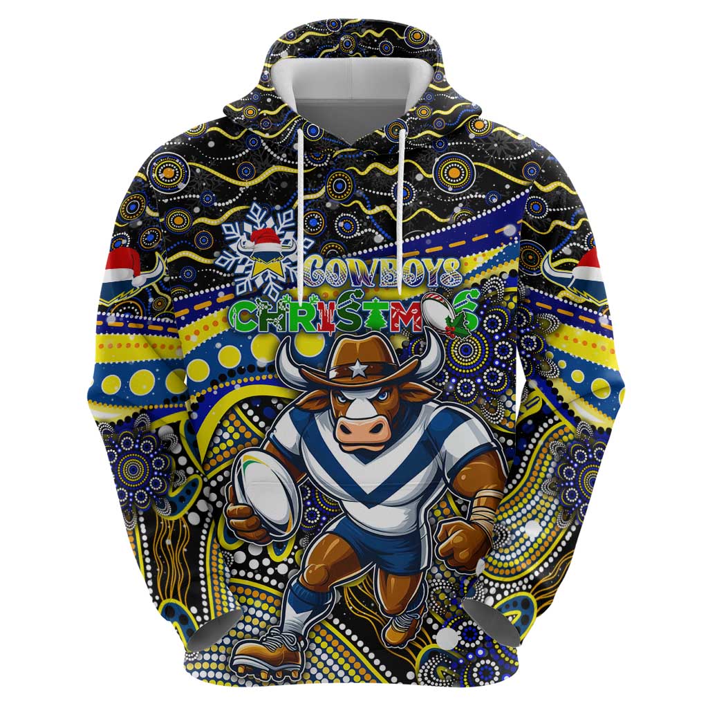 Merry Christmas Cowboys Zip Hoodie Aboriginal Santa Rugby Mascot - North Queensland