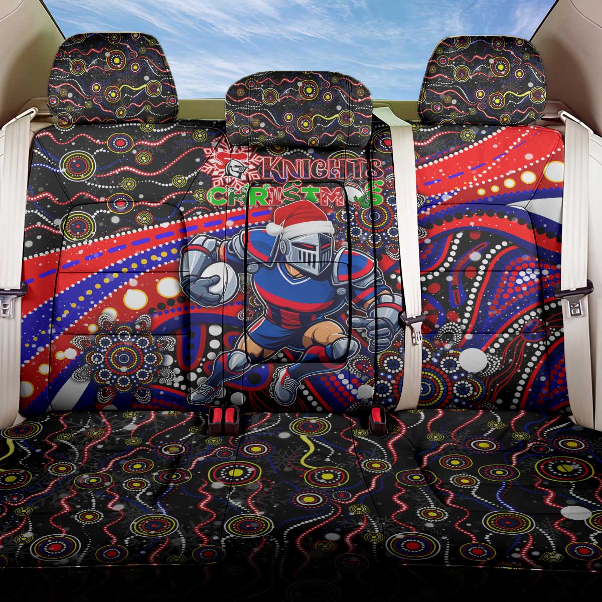 Merry Christmas Newcastle Knights Back Car Seat Cover Aboriginal Santa Rugby Mascot - Novocastrians