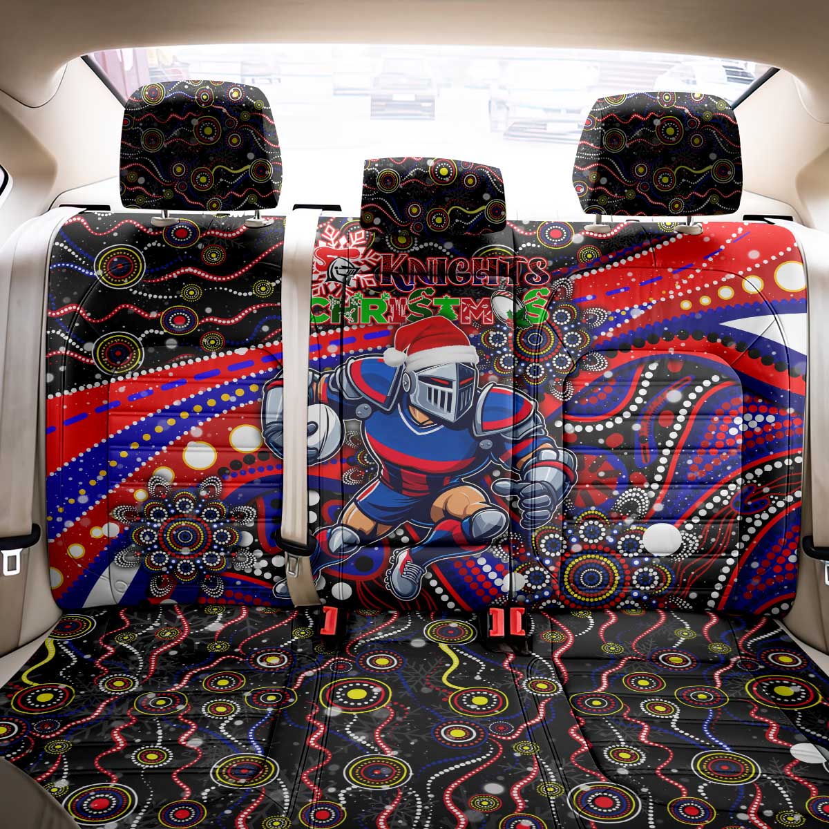 Merry Christmas Newcastle Knights Back Car Seat Cover Aboriginal Santa Rugby Mascot - Novocastrians