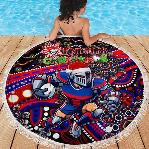 Merry Christmas Newcastle Knights Beach Blanket Aboriginal Santa Rugby Mascot - Novocastrians